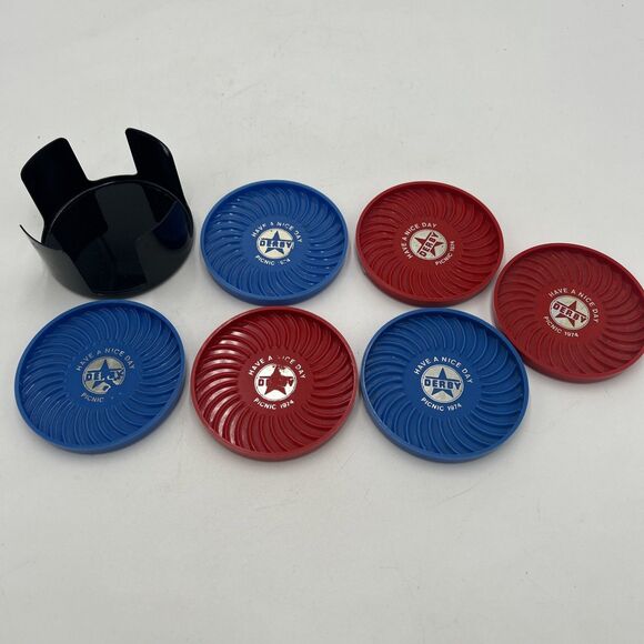 VTG Derby Gas Oil Advertising Drink Coasters Picnic 1974 Reb Blue With Holder - Picture 2 of 6